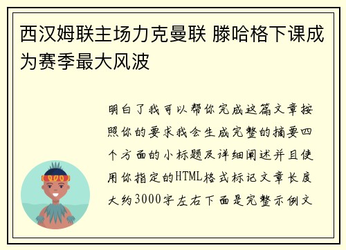 西汉姆联主场力克曼联 滕哈格下课成为赛季最大风波 西汉姆联主场力克曼联 滕哈格下课成为赛季最大风波